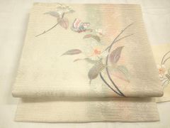 正絹紗 すくい織 名古屋帯 夏帯 オフホワイト 墨絵 色付 あやめ図 380 