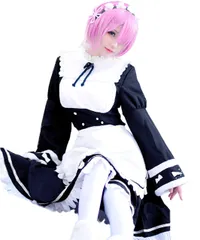 [milky time] ウィッグ付き レム ラム コスプレ 衣装 Re:ゼロから始める異世界生活 メイド服 ハロウィン 長袖 セット (ラム, M)