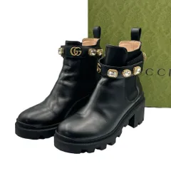 GUCCI(グッチ) Black Leather Ankle Boot With Belt GG マーモント クリスタル サイドゴア ブーツ 550036 37(24cm程度) ブラック