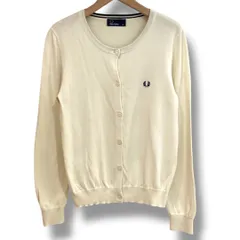 FRED PERRY フレッドペリー クルーネックカーディガン ウールアクリル混 ハイゲージ 月桂樹刺繍 刻印ボタン 長袖 オフホワイト 10 Mサイズ レディース 春 ゴーゴー古着セントラルパーク名古屋店No.2096のサムネイル