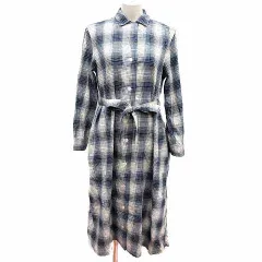 ユニクロ UNIQLO INES DE LA FRESSANGE シャツワンピース ひざ丈 ウエストマーク チェック 長袖 S 紺 ネイビー 白 ホワイト /YK