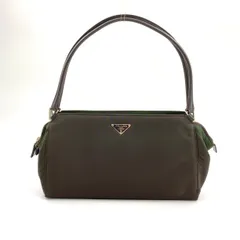 PRADA 三角ロゴプレート レザー×ナイロン ブラウン ハンドバッグ シルバー