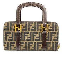 FENDI ズッカ柄 レザー×キャンバス カーキブラウン×ダークブラウン ハンドバッグ ゴールド