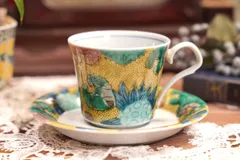 【九谷焼】 黄地 色絵大輪花文 コーヒーカップ＆ソーサー