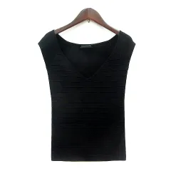ダナキャラン DONNA KARAN NEWYORK ニット カットソー Vネック ノースリーブ リブ P 黒 ブラック /MN