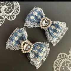 ハート♡レースツイードミニリボン　水色　ヘアクリップ  量産型　地雷　ゴスロリ　天使界隈　サブカル　コンカフェ