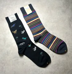 【新品】Tabio タビオ メンズ ソックス 2足セット 25-27cm 日本製 恐竜総柄 ボーダー 派手 靴下 まとめ売り ビジネス カジュアル ギフト タビオオム TABIO HOMME 恐竜柄 ダイナソー マルチボーダー プレゼント