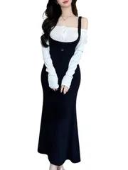 [ココアンドユカ] 2way セクシー ロング ワンピース 2点 上下 セット オフショルダー 長袖 トップス ロング スカート ボディコン サロペット ロング丈 リブ ニット きれいめ 上品 デート 普段着 春 秋 (ホワイト, XL)