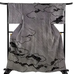 訪問着 身丈160cm 裄丈67cm M 袷 松 雲文 総絞り 黒 正絹 名品 【中古】のサムネイル