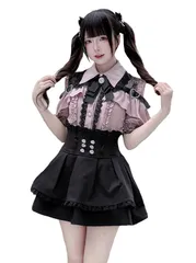 [ＸＨＳＵＫＡＤＯ] オープンショルダー ワンピース レディース 地雷系 ハートバックル リボン レース フリル 病みかわいい 量産型 長袖 服 ブラウス スカート セットアップ フレンチ ガーリー系 ファッション おしゃれ 春 夏 秋 冬 (JP, アルファ