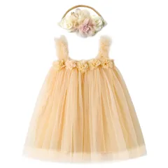 [Miipat] ベビードレス 女の子 ヘッドバンド付き チュール ワンピース チュチュスカート 赤ちゃん フォーマルドレス 可愛い 誕生日 記念撮影 80-120cm (ベージュ,80)