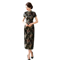 [Moerstar] チャイナドレス ロング丈 サテン 半袖 ワンピース チャイナ服 中華風 梅花柄 龍鳳柄 ファッション エレガント 旗袍 ダンス 舞台衣装 パーティードレス 結婚式 ハロウィン コスプレ衣装 (ブラック龍鳳 長, L)