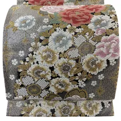 【美品】 袋帯 秀品 牡丹 桜 金銀糸 箔 銀色 六通 正絹 【中古】