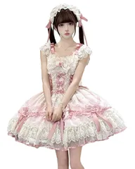 [Jundakara] セットアップ Lolita ３点セット コスプレ コスチューム JSKワンピース リボン フリル レースアップ かわいい ゆめかわ フレンチガーリー 森ガール ガーリー系 姫系 姫様 韓国風 Aライン ファッション おしゃれ ピンク M