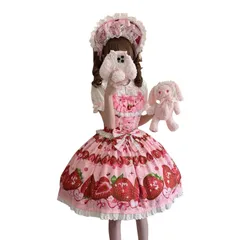[トクとユウ] イチゴワンピース ロリータ ジャンパースカート JSK かわいい リボン 苺 ドレス フリル ゴスロリ 森ガール 姫様 Lolita パーティー イベント 仮装 学園祭 (ピンク, M)