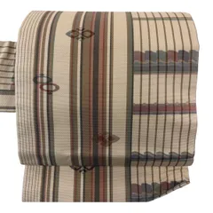 名古屋帯 秀品 縞 幾何学 薄茶色 正絹 【中古】
