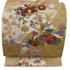 六通柄 ￼袋帯 美品 正絹 本金二重織 御所車 四季花文 留袖 振袖 訪問 