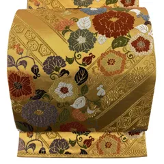 【美品】 袋帯 秀品 関西仕立て 花唐草 斜縞 箔 唐織 薄茶色 六通 正絹 【中古】