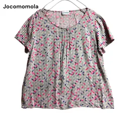 ●棚番号BI-5 ホコモモラ Jocomomola シビラ 半袖 カットソー ブラウス ピンク 総柄 幾何学模様 タック 40 L レーヨン　レディース 日本製のサムネイル
