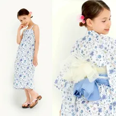 2WAY 浴衣 ワンピースセット 女の子 キッズ ゆかた 帯付き 青 110〜150cm