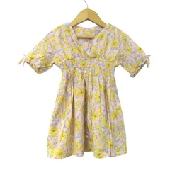 プティマイン ワンピース 半袖 花柄 トップス ベビー 女の子用 90サイズ イエロー×ブルー×ピンク petit main 【中古】