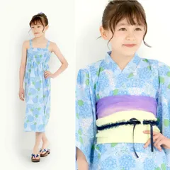 2WAY 浴衣 ワンピースセット 女の子 キッズ ゆかた 帯付き 青 110〜150cm No.10
