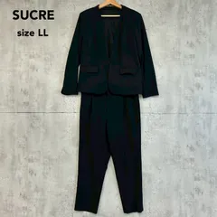 SUCRE シュクル LL ブラック ノーカラー パンツスーツ セットアップ 大きいサイズ テーパードパンツ ウエストゴム ポケット付 オフィス フォーマル セレモニー 入学式 卒業式 七五三 お宮参り 通勤 上下セット 冠婚葬祭 法事 2点セット ★ ■◇