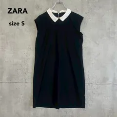 ZARA ザラ Sサイズ ブラック ホワイト バイカラー 襟付き ノースリーブ ワンピース ひざ丈 チェック柄 シャドーチェック バックジップ フレンチスリーブ チュニック カットソー モノトーン Aライン 体系カバー きれいめ フォーマル ★ ■◆