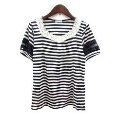 アクシーズファム axes femme カットソー クルーネック ボーダー 半袖 レース M 白 アイボリー 紺 ネイビー /MN