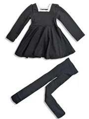 [CHOOSEWAY] 子供服 女の子 黒 ワンピース ドレス キッズ 長袖 フォーマル 黒タイツ お葬式 喪服 礼服 可愛い 結婚式 発表会 90-140cm 2点セット (JP, 身長, 110, 140)