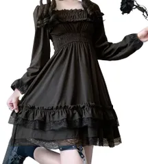 [Ressh.N] ゴスロリ ワンピース コスプレ ひざ丈 長袖 フリル レース ゴシック ロリータ (M, ブラック)