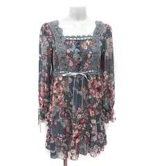 レストローズ L'EST ROSE ワンピース ミニ スクエアネック 長袖 レース 花柄 シフォン 2 M マルチカラー /YI