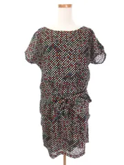 オペークドットクリップ OPAQUE.CLIP ワンピース ブラウジング ひざ丈 ドット リボン 半袖 L 紺 ネイビー /ah