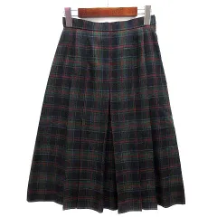 ダックス DAKS タータンチェック ボックスプリーツ スカート 膝丈 リネン混 ネイビー 紺 63-90