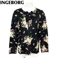 美品INGEBORG 長袖Tシャツ ブラック花柄 胸元多重リボン ネームロゴ有り