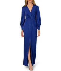 アイダンマットックス レディース トップス ワンピース クレープ フロントスリット サテン Aidan Mattox Crepe Back Satin VNeckline Long Sleeve Front Knot Front Slit Long Dress