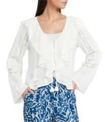 エラン レディース トップス シャツ フリル レース ELAN Ruffle Scoop Neck Lace Long Bell Sleeve Button Frontop White ホワイトのサムネイル