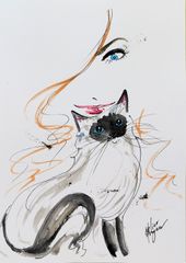 Original artwork #480: Female figure, cat, watercolor painting, drawing, interior art, illustration, picture.