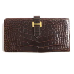 【ドンドン見直し】良品▼HERMES エルメス ベアン スフレ ゴールドH金具 アリゲーター クロコダイルレザー 2つ折り長財布 濃茶 仏製 メンズ □M刻印 箱付きのサムネイル
