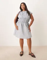 エイソス レディース トップス ワンピース ミニワンピース ギャザー ミニ スカート ASOS Curve ASOS DESIGN Curve ruched bodice double skirt mini dress stripes Blue check ブ