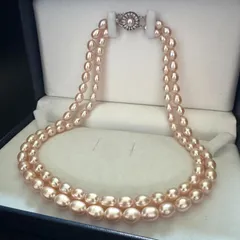 【人気色 ピンクカラー テリ強】 本真珠 2連 ネックレス 約6.8-7.5mm SILVER留め具 約62.9g 約43cm pearl jewelry necklace