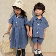 韓国子供服 セットアップ 女の子 男の子 デニムワンピース 未使用 夏 半袖 兄妹服 姉弟服 カジュアル ナチュラル デニム カジュアル ベビー服 キッズ こども 可愛い きれいめ ビーチ 通学 80 90 100 110 120 xkxiaoz316