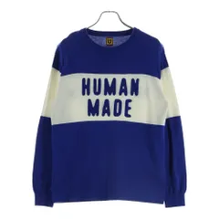HUMAN MADE (ヒューマンメイド) ロゴ刺繍 クルーネック長袖ニット セーター ボーダー ブルーのサムネイル