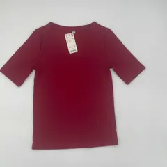 UNIQLO　ユニクロ　リブボートネックT　５分袖　レッド　Sサイズ　□〇