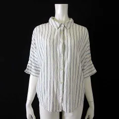 チャオパニック ティピー CIAOPANIC TYPY シャツ 抜き襟 バルーン ブラウス ストライプ リネン タック ドルマンスリーブ 7分袖 M オフ白 紺 ネイビー