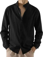 Blisvia 立ち襟 シャツ 長袖 抜け感 やわらか素材 軽やか 大人カジュアル メンズ (ブラック,  2XL)