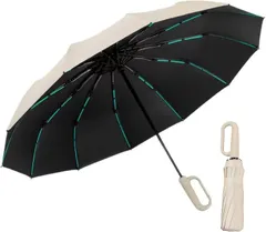 Blisvia 風に強い 晴雨兼用 自動開閉 折りたたみ 傘 ネイビー ケース付き 大きいサイズ メンズ uvカット スポーツ観戦 旅行用 サッカー 観戦用 折り畳み 雨ひがさけんよう (カラビナ型 ベージュ, 105cm)のサムネイル