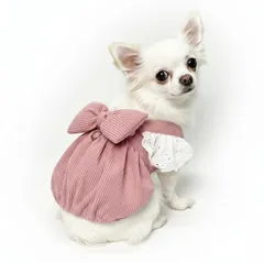 フリルデザイン リボンワンピース コーデュロイ生地 犬服 秋冬 小型犬 中型犬 女の子 (ピンク, XL)