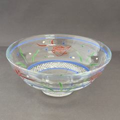 d507【新品・未使用】ガラス平茶碗（耐熱）水草に金魚達 小手鞠窯