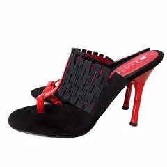 ダイアナ DIANA サンダル ヒールサンダル ミュール 本革 レザー ラバー ゴムベルト 24.5cm 黒 ブラック 赤 レッド 美品 くつ 靴 シューズ